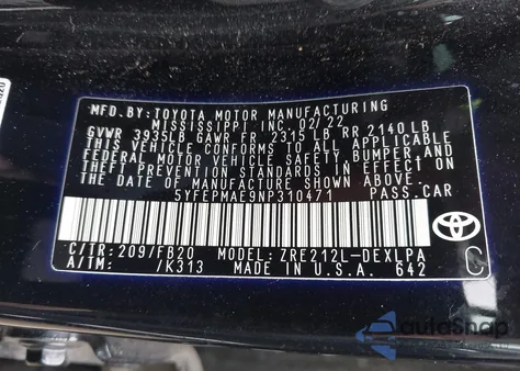 2022 Toyota Corolla Le from USA, damaged, VIN 5YFEPMAE9NP310471